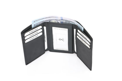 Men's RFID Leather Trifold Wallet - Black Top-Grain Genuine Leather