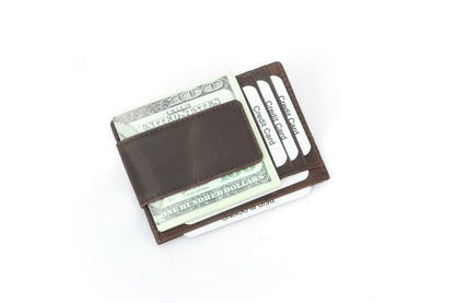 Men's RFID Leather Money Clip Wallet - Brown Top-Grain Genuine Leather