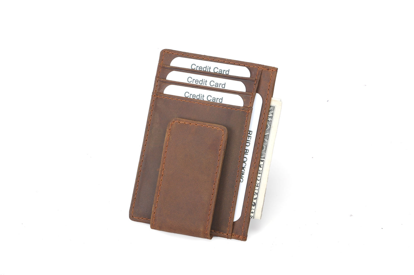 Men's RFID Leather Money Clip Wallet - Brown Top-Grain Genuine Leather