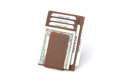 Men's RFID Leather Money Clip Wallet - Brown Top-Grain Genuine Leather