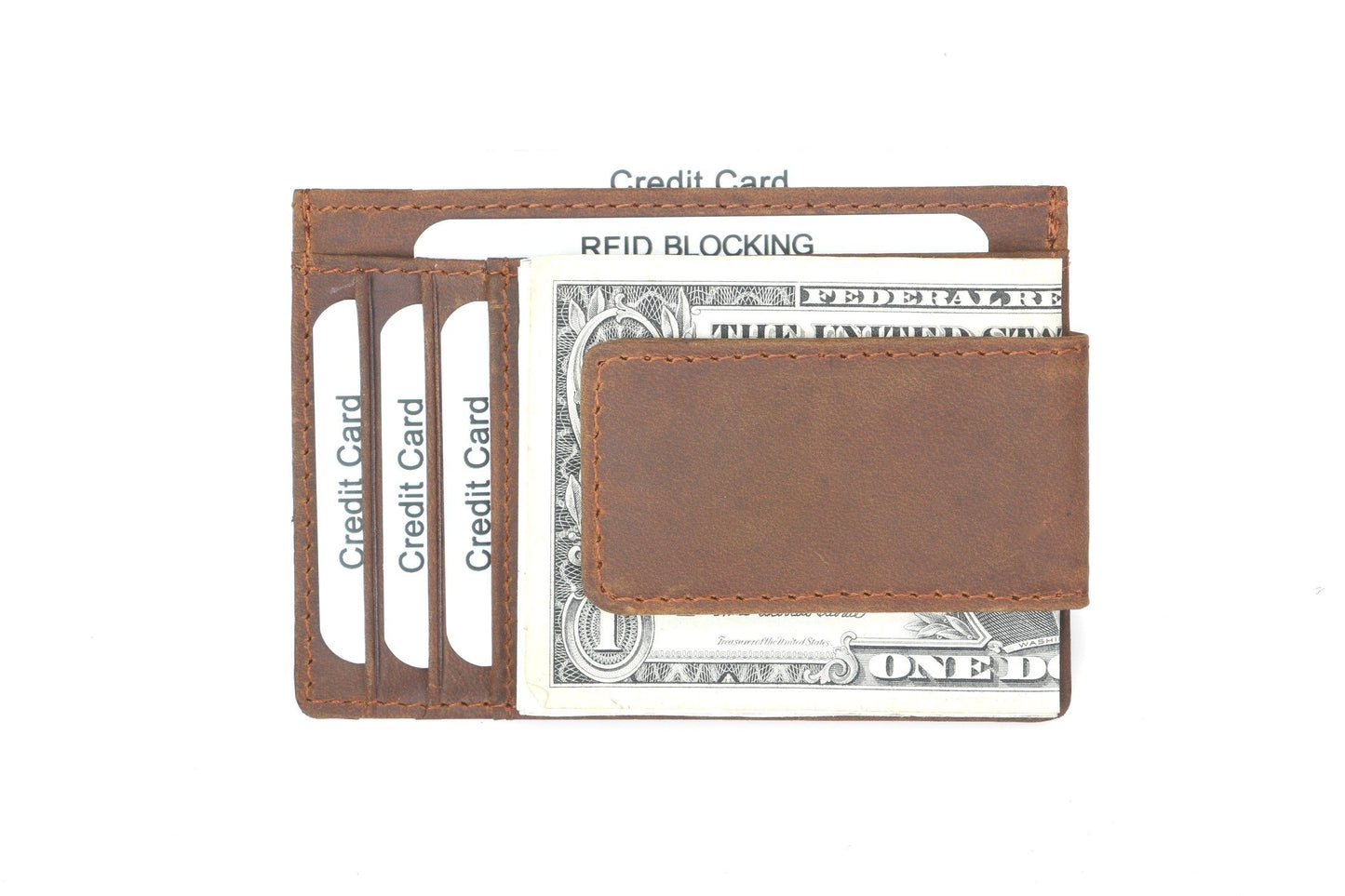 Men's RFID Leather Money Clip Wallet - Brown Top-Grain Genuine Leather