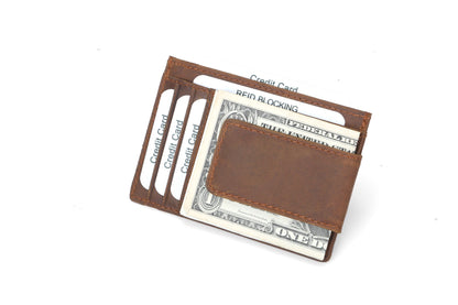 Men's RFID Leather Money Clip Wallet - Brown Top-Grain Genuine Leather