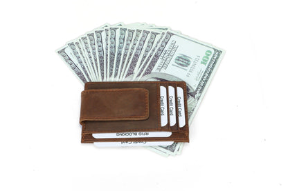 Men's RFID Leather Money Clip Wallet - Brown Top-Grain Genuine Leather