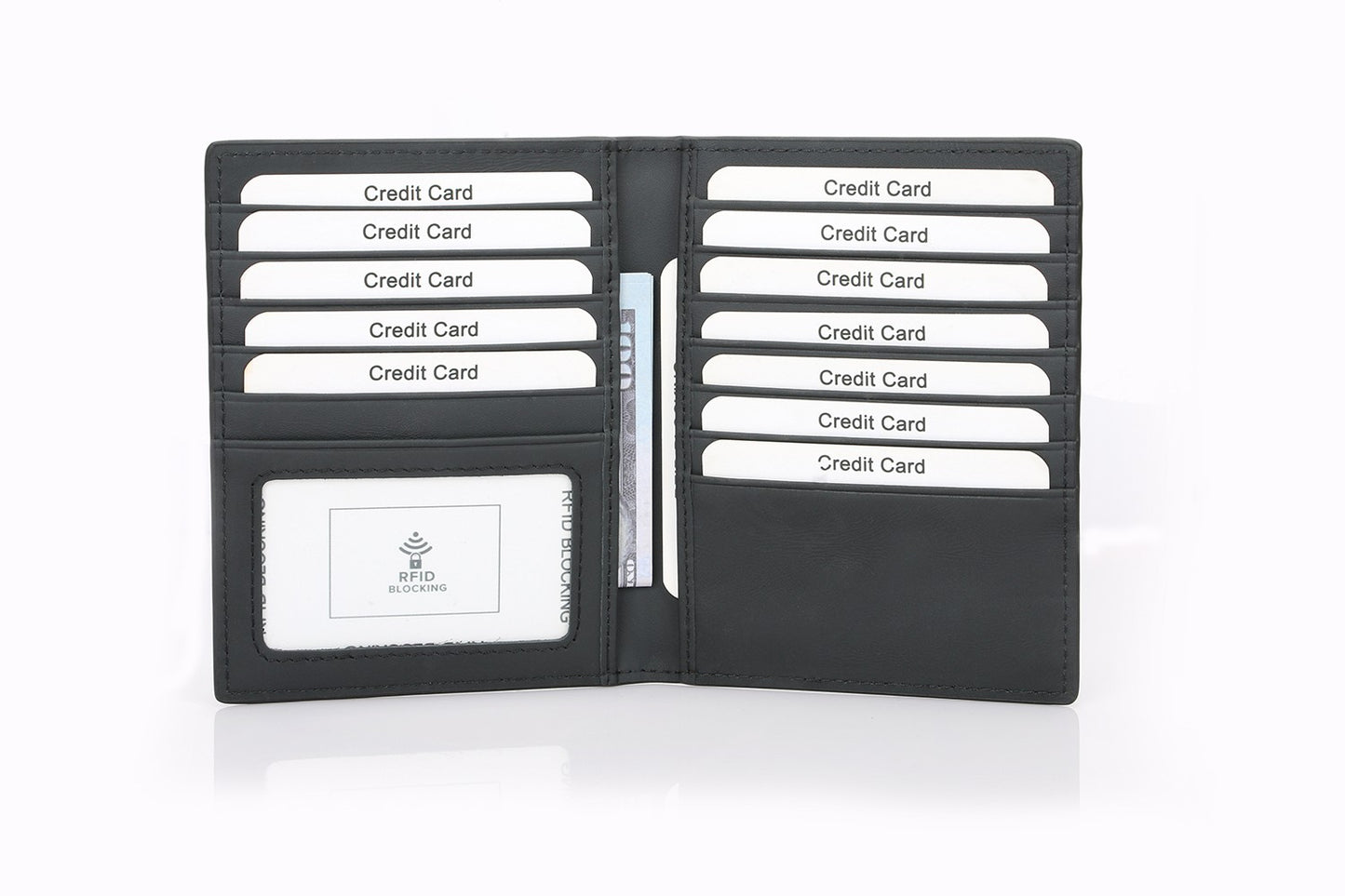 RFID Blocking Large Capacity Leather Card Holder - Black, Multiple Slots