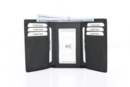 Men's RFID Leather Trifold Wallet - Black Top-Grain Genuine Leather