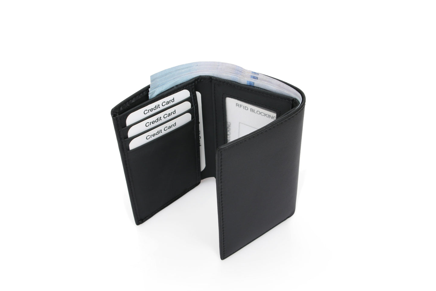 Men's RFID Leather Trifold Wallet - Black Top-Grain Genuine Leather