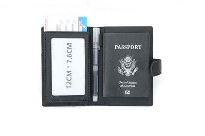 RFID Blocking Bifold Leather Passport Holder Wallet - Black, Magnetic Closure