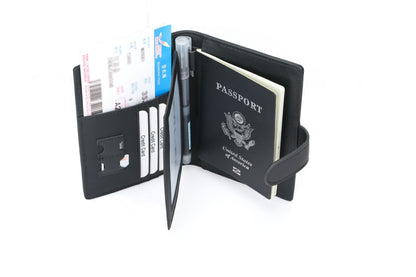 RFID Blocking Bifold Leather Passport Holder Wallet - Black, Magnetic Closure